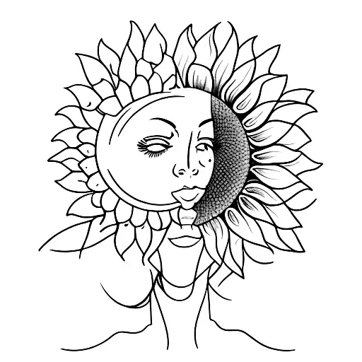 Woman Head Out Of One Line Without Interrupting The Line And On The Top Grows A Sunflower