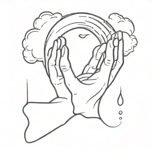 A Crescent In The Clouds Between Praying Hands And Water Drops Falling On The Crescent