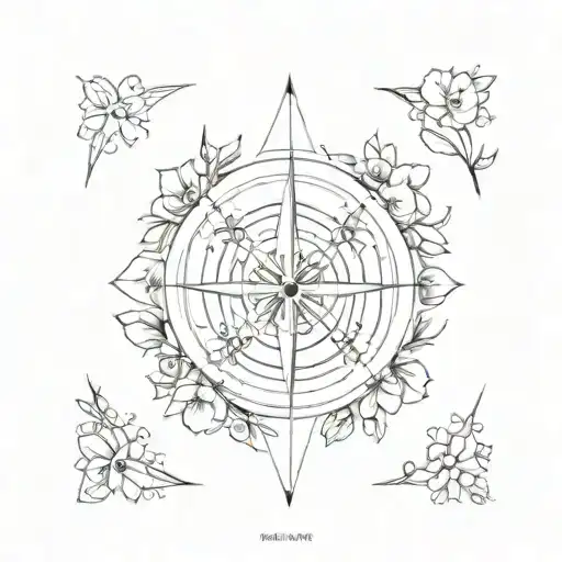 Compass Surrounded Flower Tattoo