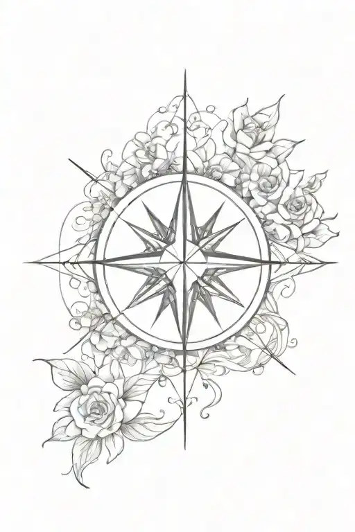 Compass Surrounded Flower Tattoo