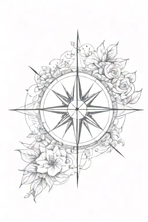Compass Surrounded Flower Tattoo