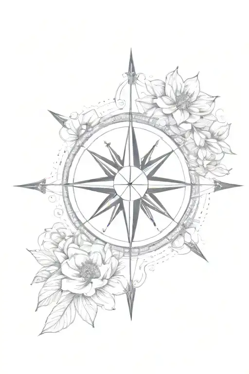 Compass Surrounded Flower Tattoo