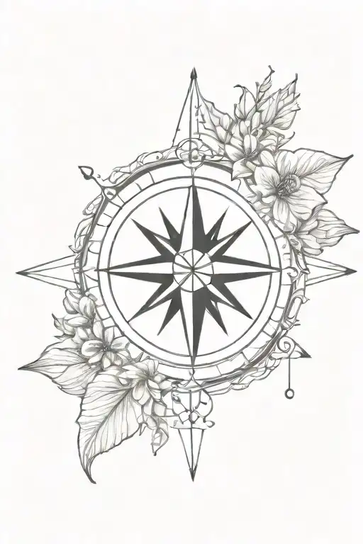 Compass Surrounded Flower Tattoo
