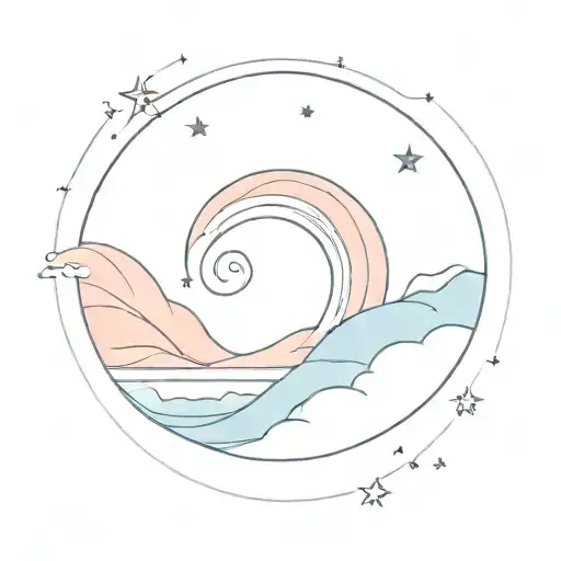 Gentle Blue Wave In A Circle With Pink Peach Sky And Stars