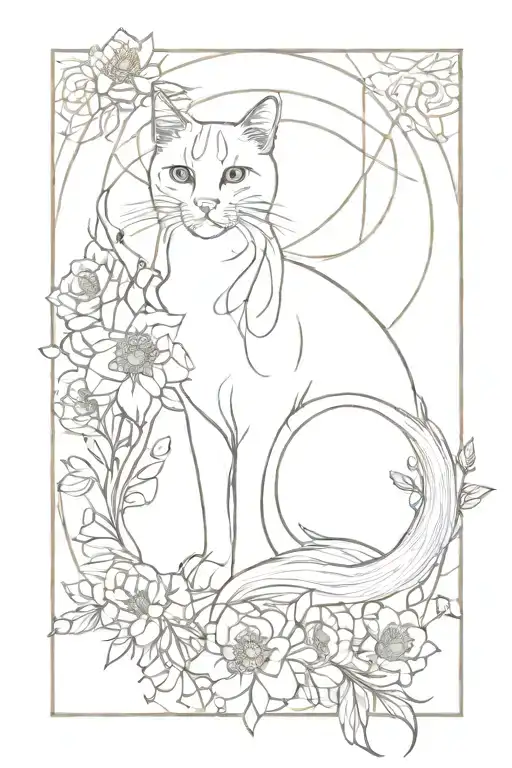 Fine Line Many Flowers And Dreamcatcher Abstract Cat Outline