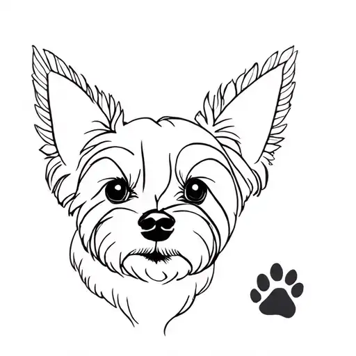 Yorkie Dog Face With A Paw Print And Aster Flower