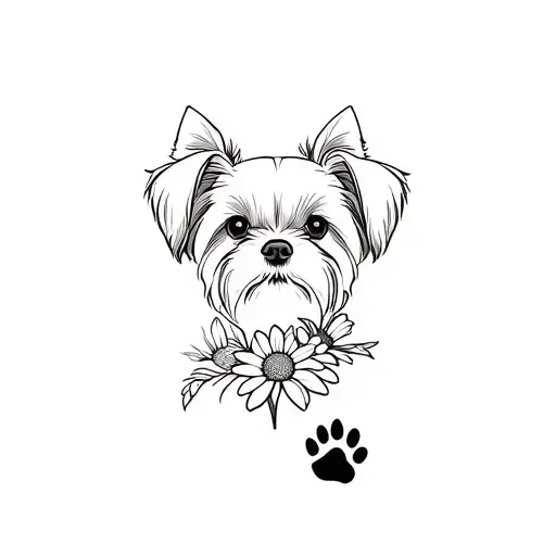 Yorkie Dog Face With Droopy Ears With A Paw Print And Aster Flowers
