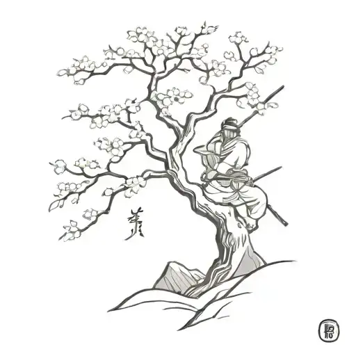 Samurai And Sakura Tree
