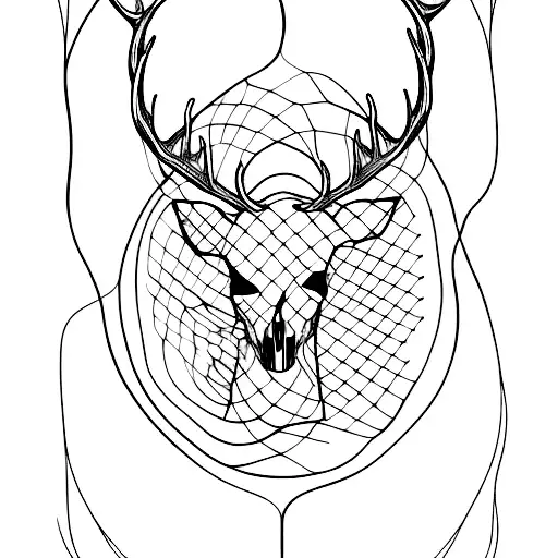 A Minimalist Tattoo Of A Deer Skull With Antlers Surrounded By A Fishing Net