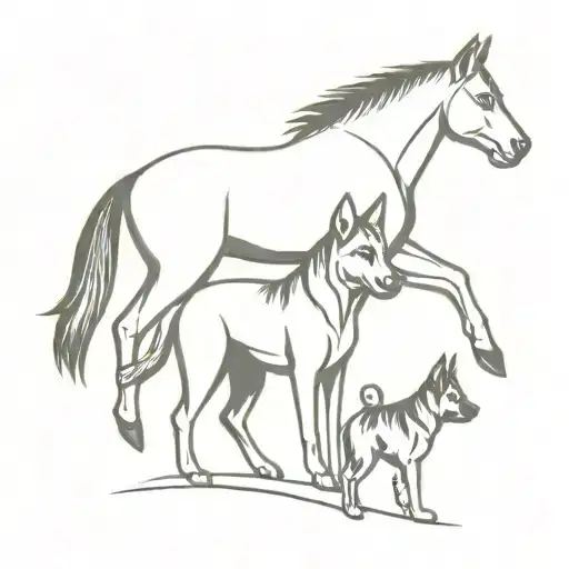 Horse And Two German Shepherds In Minimalist
