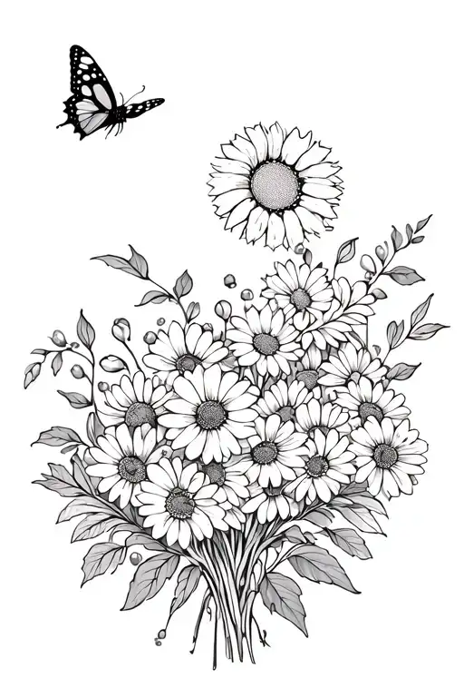 Bouquet Of Hawthorn And Sun Flowers With A Butterfly Resting