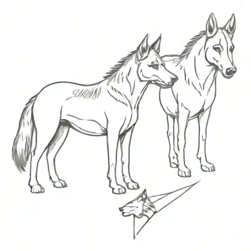 A Horse And Two German Shepherds Next To It