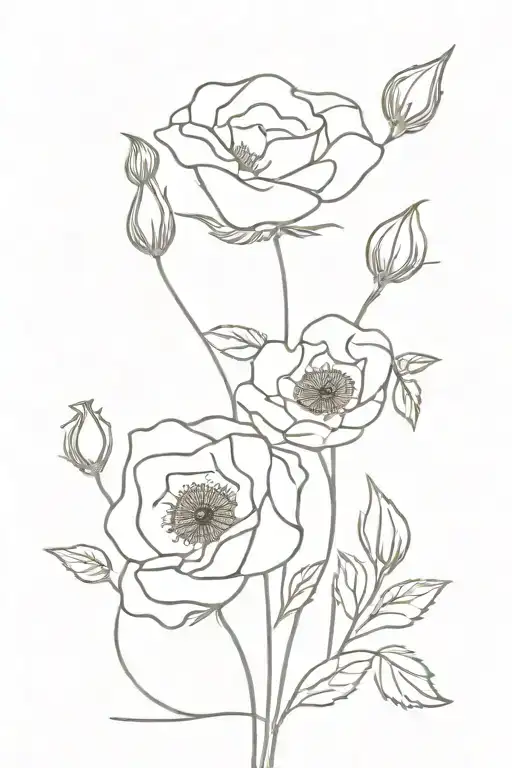 Rose And Poppy Bouquet With Stem Fine Line Minimalist