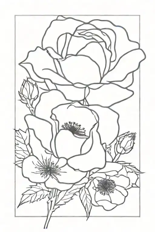 Rose And Poppy Bouquet With Stem Fine Line Minimalist