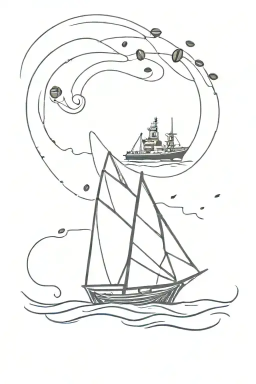 A Sketch Style Tattoo Of A Navy Ship Sailing On A Sea Of Coffee Beans