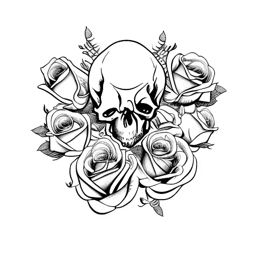 A Realistic Depiction Of A Skull And Roses With Intricate Details And Shading
