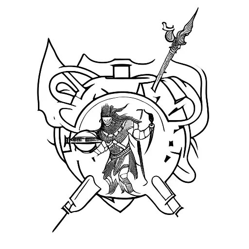 A Majestic Blackwork Tattoo Of A Norse God Wielding A Chemical Flask As A Weapon