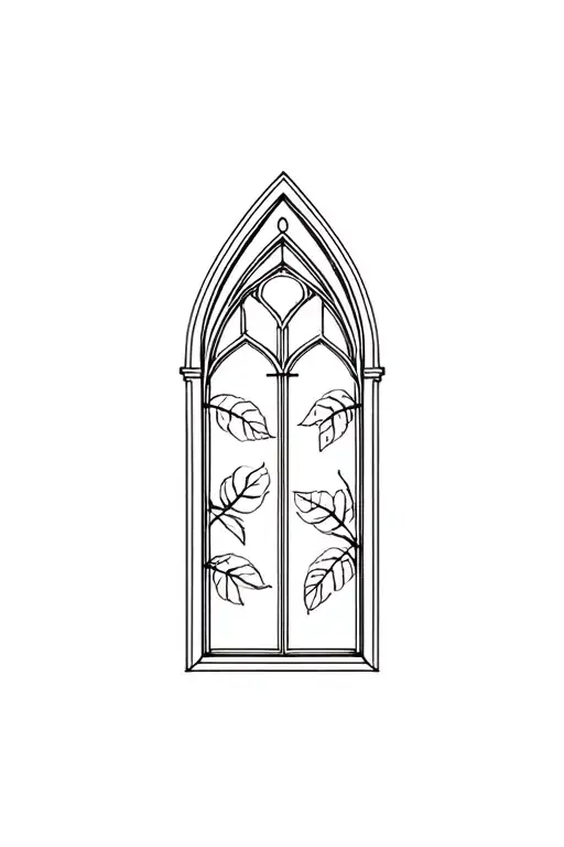Minimalistic Fine Line Gothic Archidecture Window With Leafes