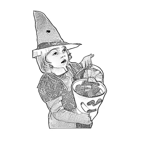 A Little Girl Dressed As A Witch Holding A Basket Of Candy