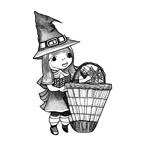 A Little Girl Dressed As A Witch Holding A Basket Of Candy