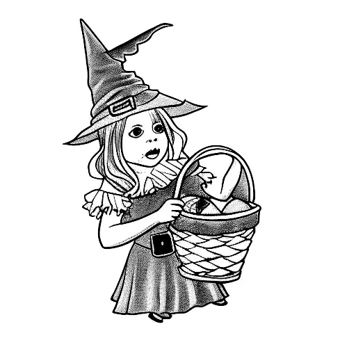 A Little Girl Dressed As A Witch Holding A Basket Of Candy