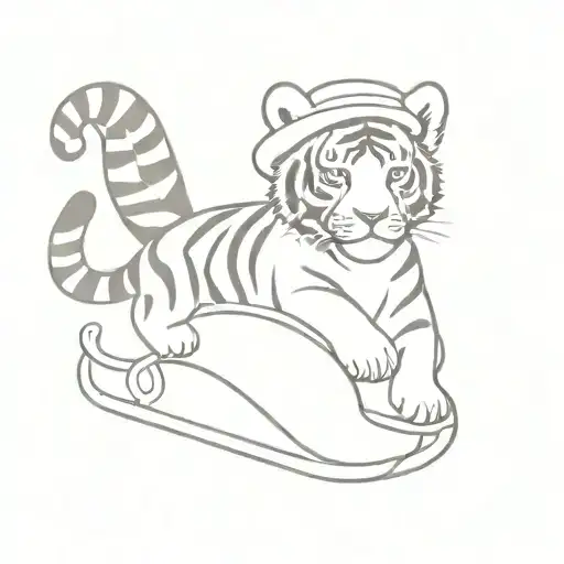 Tiger Cub In A Hat On A Sled