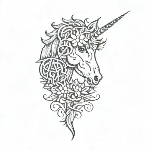 A Unicorn Surrounded By Celtic Knots With Scottish Thistle Flowers Near The Neck