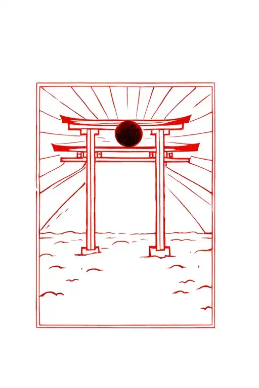 Japanese Torii Gate Red Less Lines With Rising Sun