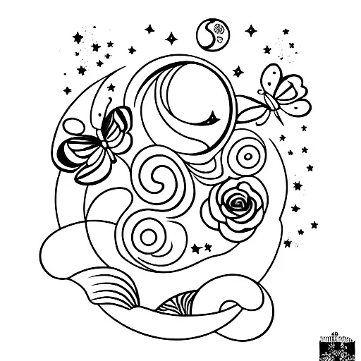 Moon With Butterfly And Stars With Rose