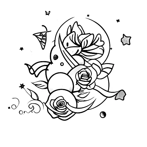 Moon With Butterfly And Stars With Rose And Rocket Going Around Moon