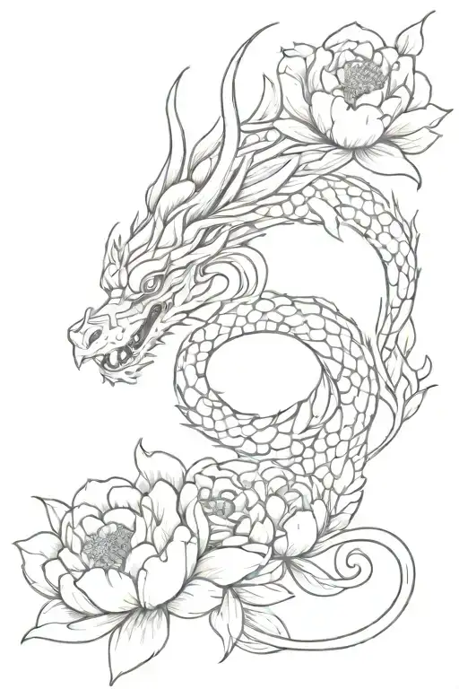 A Minimalist Design Of A Dragon Intertwined With Peonies