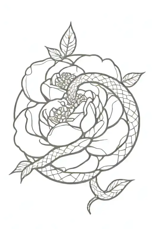 A Minimalist Tattoo Of A Snake Intertwined With Peonies
