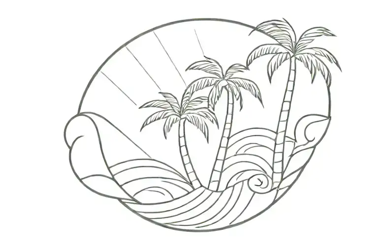 Shell Palm Tree Wave Fine Line Tattoo Design