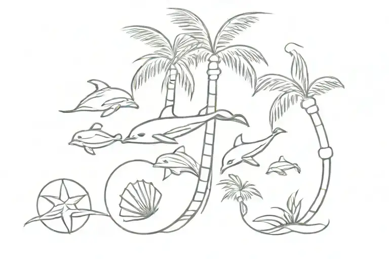 Shells Dolphin Palm Tree In A Line