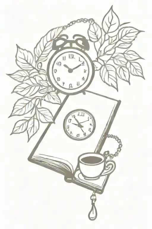 Open Book With One Cup Of Tea And One Little Clock With Chain Surrounded With Leaves And Pions