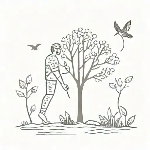 A Minimalist Tattoo Of A Cork Worker Surrounded By Nature Elements Like Trees And Flowers