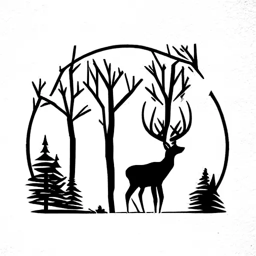 Dark Forest With One Deer In It And A River Through It
