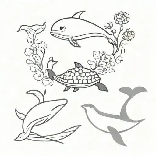 Whale And Turtle Next To Each Other With Flowers On Both