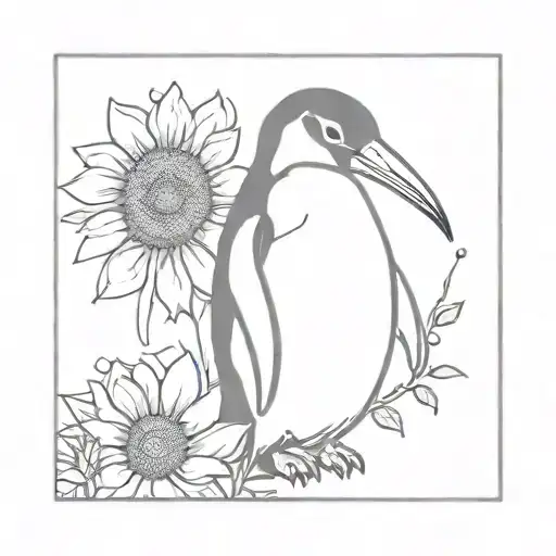 Penguin With A Paintbrush Painting A Sunflower
