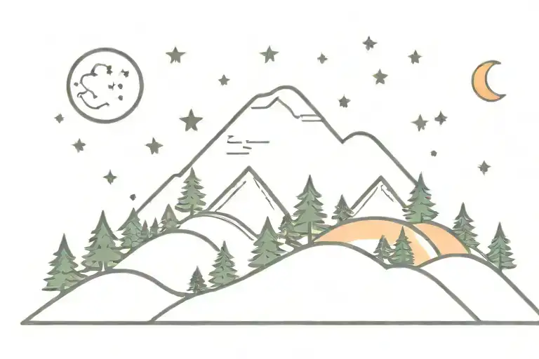Mountain With Stars And Moon And Trees Colors Sunset