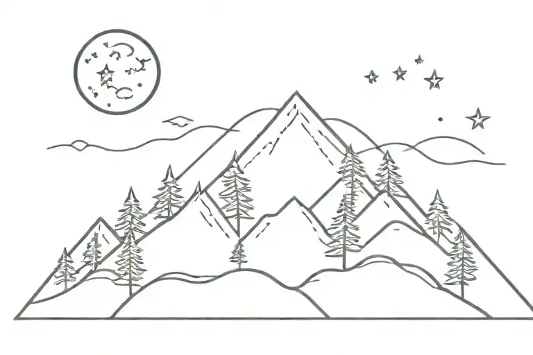 Mountain With Stars And Moon And Trees