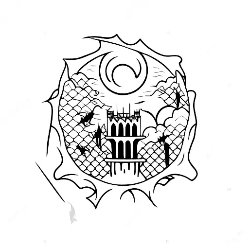 Dracula Castle Over The Full Moon With Bats