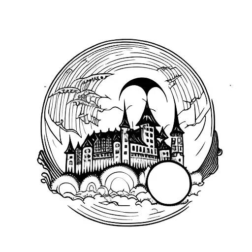 Dracula Castle Over The Full Moon With Bats