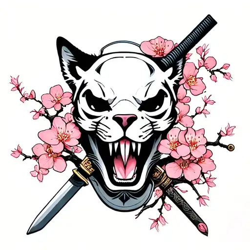 Oriental Panther Skull With Samurai Sword Piercing Thru Top Of Skull And Cherry Blossoms