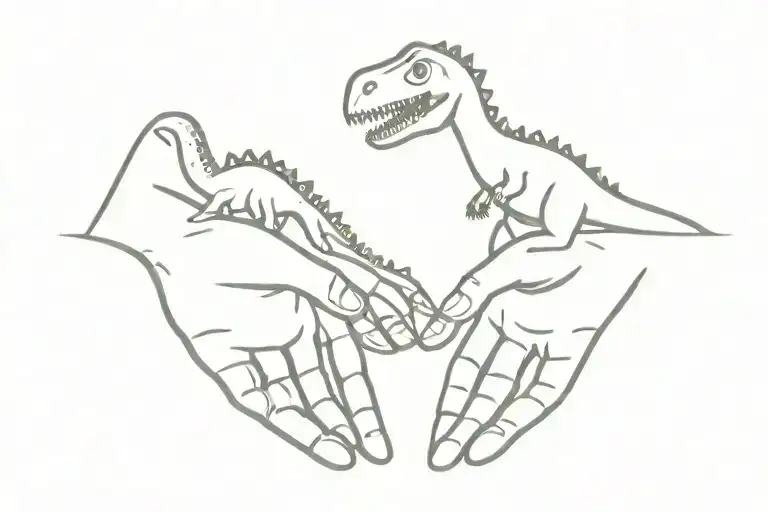 Dinosaur Sister And Brother Hold The Hand