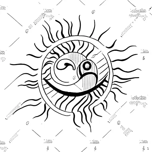 Very Simple And Small Sun And Crescent Moon With Letter R Next To The Moon