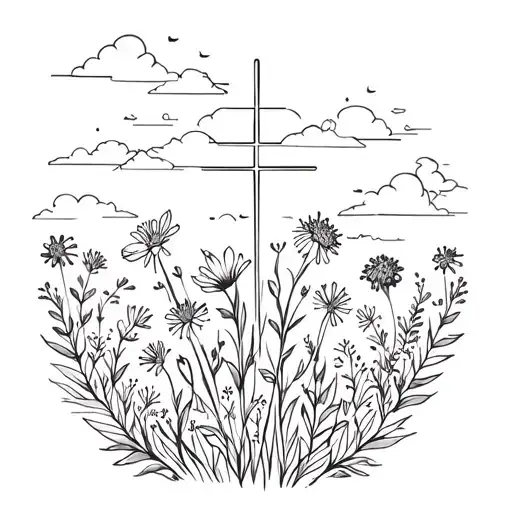 Wildflowers With Farm Background And A Cross