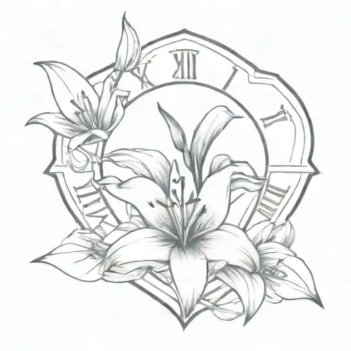 Lily Flowers And In The Middle A Heart-shaped Clock On The Forearm