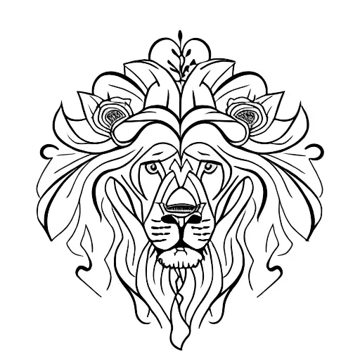 Lion And Lioness With 3 Flowers And Leaves