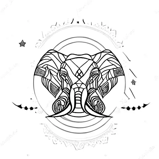 A Blackwork Tattoo Of An Elephant Adorned With Moon And Stars